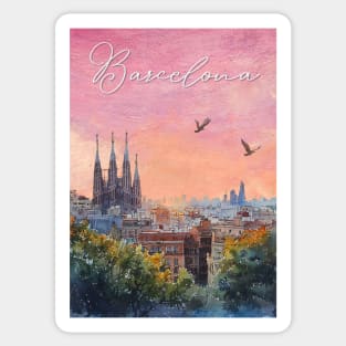 Barcelona Sunset Skyline Print – Watercolor Cityscape Poster Sticker
